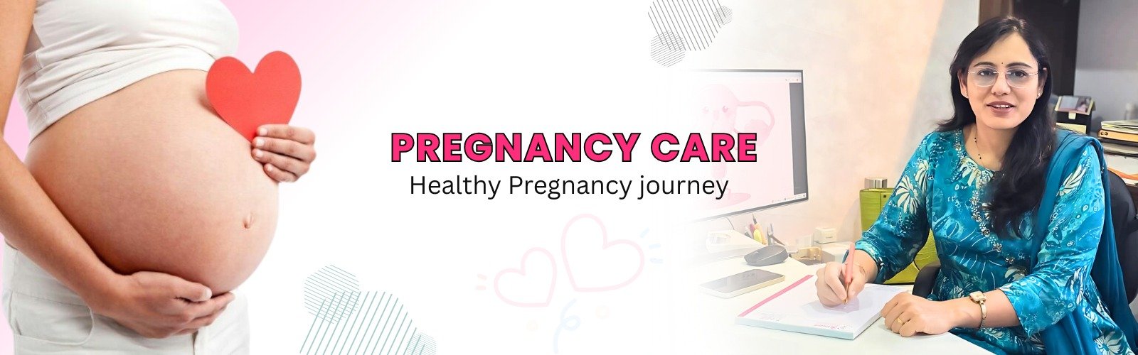 Pregnancy Care: Healthy Pregnancy Journey A graphic about "PREGNANCY CARE: Healthy Pregnancy journey," showing a pregnant woman holding a heart and a doctor at a desk.