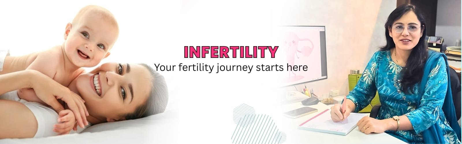 Infertility: Your Fertility Journey Starts Here A graphic about "INFERTILITY: Your fertility journey starts here," showing a mother with a baby and a doctor at a desk.
