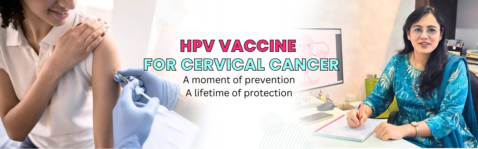 HPV Vaccine for Cervical Cancer – Prevention Information A graphic about the "HPV VACCINE FOR CERVICAL CANCER," showing a vaccination and a doctor at a desk.