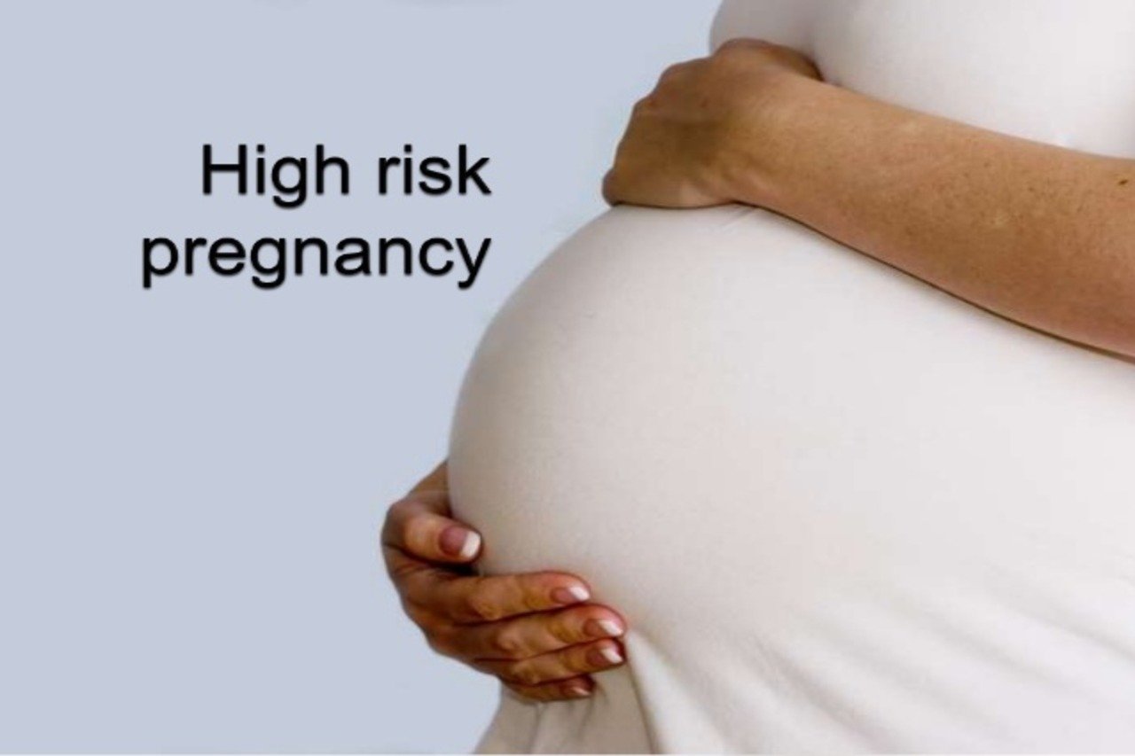 A close-up photo of a pregnant woman's belly with her hands supporting it, and text that reads "High risk pregnancy".