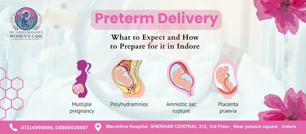 A graphic about "Preterm Delivery: What to Expect and How to Prepare for it in Indore," featuring illustrations of pregnancy conditions. Includes the logo for Dr. Varsha Mahajan's Women's Care and Maternity Clinic and their address and phone numbers in Indore.