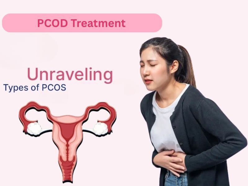 Woman experiencing abdominal pain, representing symptoms of PCOD. Illustration of female reproductive system included. PCOD Treatment in Indore by Dr. Varsha Mahajan.