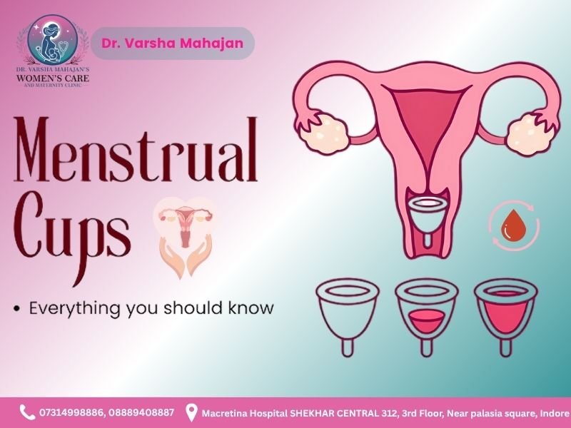 Illustration of uterus and menstrual cup usage with educational visuals by Dr. Varsha Mahajan, Best gynecologist for menstrual health in Indore.