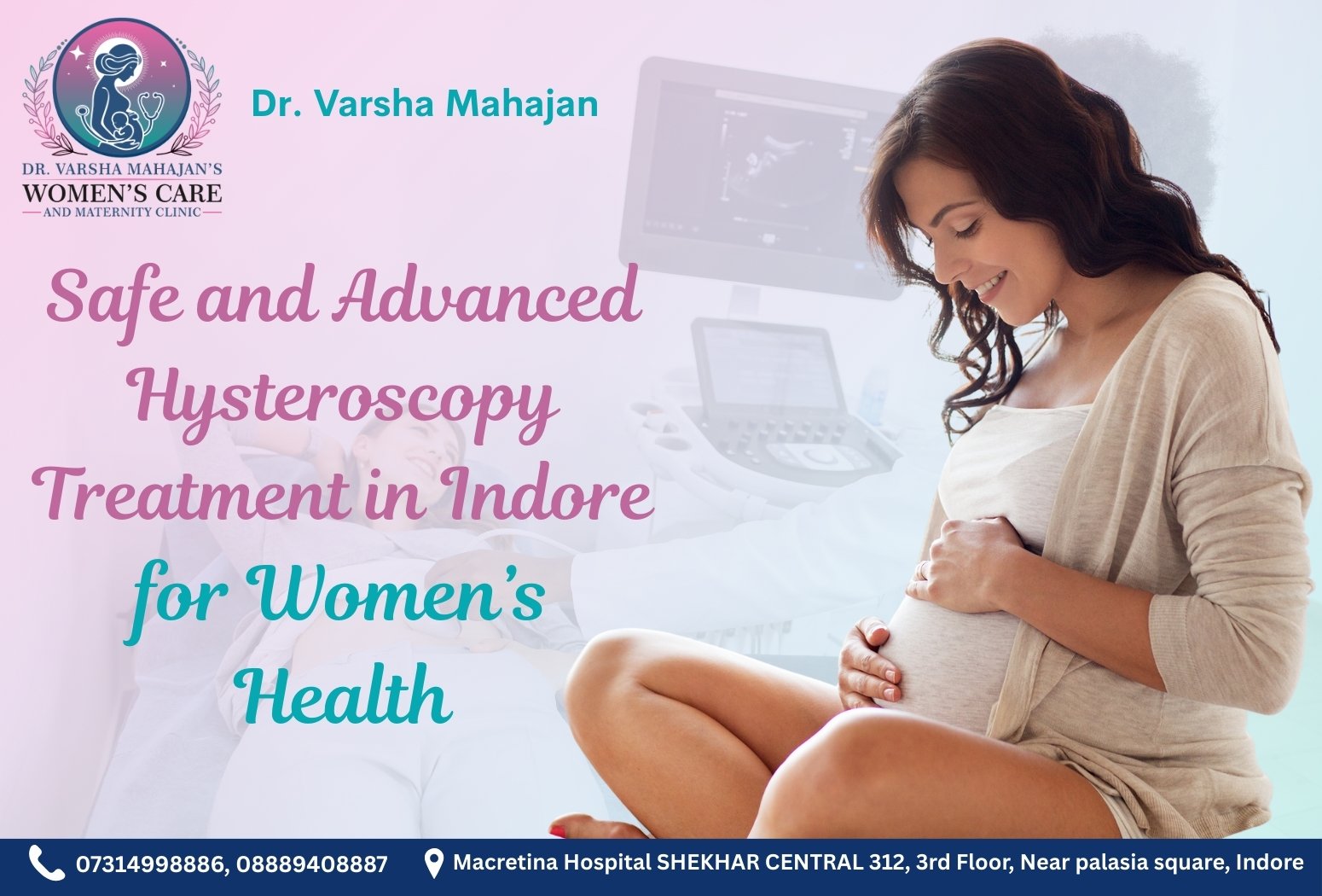 Pregnant woman smiling with Safe and Advanced Hysteroscopy Treatment in Indore message by Dr. Varsha Mahajan Women’s Care Clinic